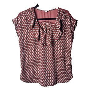 Pleione Woman's Red/Green V Neck Ruffle Blouse Size Medium